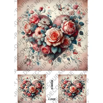 Umělecký papír Rýžový a soft papír na decoupage - Srdce květinové, láska - KB2928 Materiál: Soft, Rozměr: A4