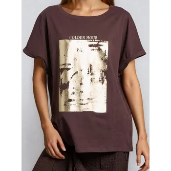 Sinsay - Tričko se zlatým potiskem - tmavě hnědá - 609FG-89X - 609FG-89X-XXL