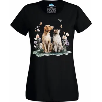 Dámské tričko Pes a kočka mezi Motýly (Velikost: 4XL, Barva: Černá)