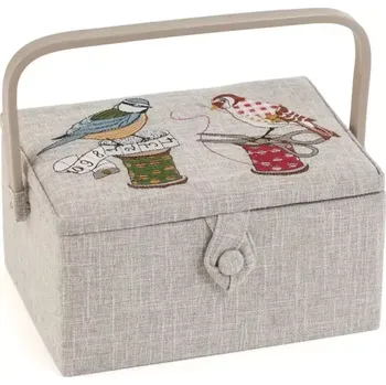 Organizér galanterie Střední košík na šití, pletení a háčkování - Ptáčci (Medium Sewing Box Birds on Bobbin - Embroidered)