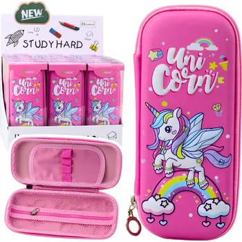 Penál Školní penál ztužený jednorožec – s kapsami a zipem | růžový