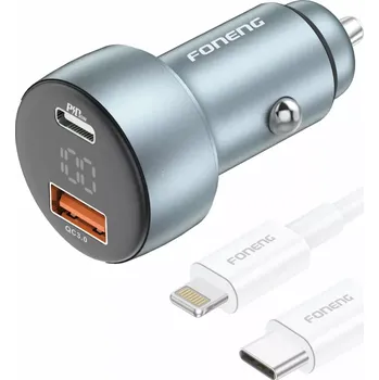 Foneng nabíječka do auta C18-USB+TYP C-PD 48W 3A s kabelem TYP C-Ligtning Šedá