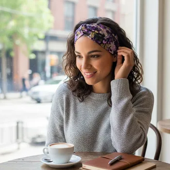 Čelenka Ebbie Bavlněná čelenka - FIALOVÁ KVÍTKA Velikost: 3+