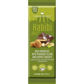 Čokoláda Selllot, s.r.o., K Hájům 34, 155 00 Praha 5 - Vyrobeno v EU Mléčná čokoláda s pistáciovou náplní (45%) a sušenkami HABIBI DUBAI STYLE 80g