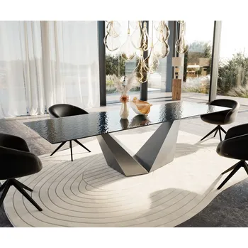 Jídelní stůl DELIFE Jídelní stůl Edge 300x100 sklo s reliéfem kouřově černé 3D design Prisma kovová stříbrná