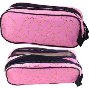 Penál Školní penál dvouprostorový – se zlatými srdíčky | růžový