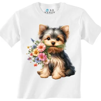 Dívčí tričko Dětské tričko Jorkšír s Kyticí (Barva: Bílá)