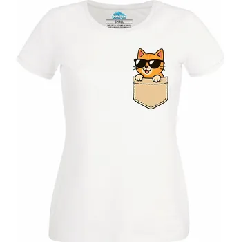 Dámské tričko Oranžová Kočka v Kapse (Velikost: 4XL, Barva: Bílá)