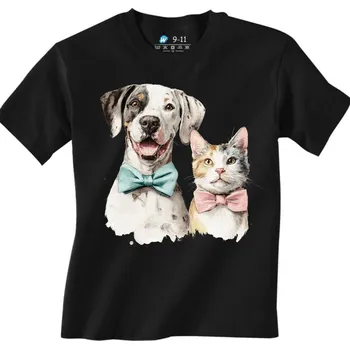 Dívčí tričko Dětské tričko Elegantní Pes a Kočka (Velikost: 3-4, Barva: Černá)