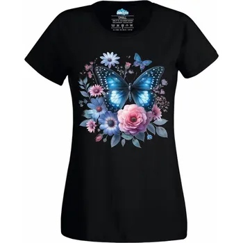 Dámské tričko Modrý Morpho na květinách (Velikost: 4XL, Barva: Černá)