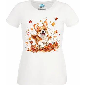 Dámské tričko Podzimní Corgi v Listí (Velikost: 4XL, Barva: Bílá)