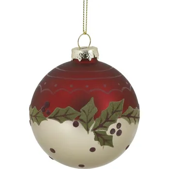 Vánoční dekorace Červená skleněná vánoční ozdoba koule s cesmínou - Ø 8 cm