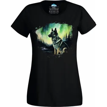 Dámské tričko Dámské tričko Německý ovčák pod Polární Září (Velikost: XL, Barva: Černá)