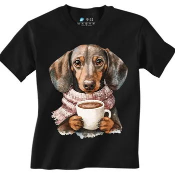 Chlapecké tričko Dětské tričko Podzimní Jezevčík s Kávou (Velikost: 7-8, Barva: Černá)