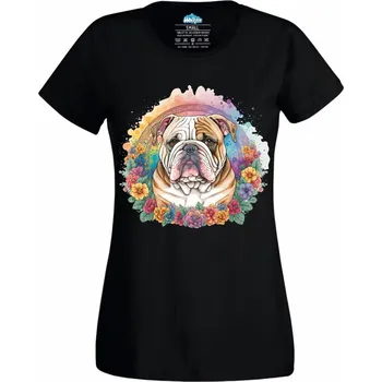 Dámské tričko Anglický buldok mezi Květinami (Velikost: 4XL, Barva: Černá)