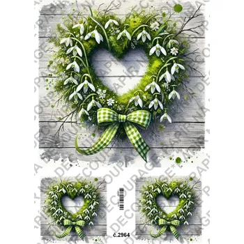 Umělecký papír Rýžový a soft papír na decoupage - Zelené srdce se sněženkami - KB2964 Materiál: Soft, Rozměr: A4