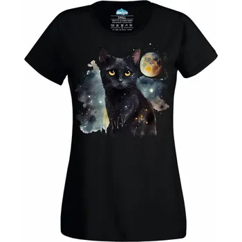 Dámské tričko Dámské tričko Vesmírná Kočka pod Měsícem (Velikost: XS, Barva: Černá)