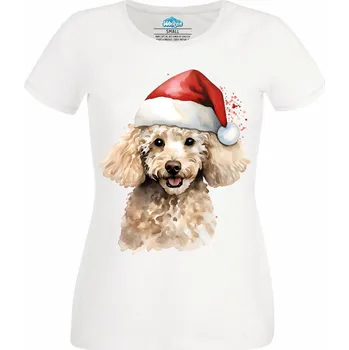 Dámské tričko Vánoční Pudl s Čepicí (Velikost: 4XL, Barva: Bílá)