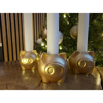 Vánoční svícen VOJA HOME Svícen z modifikované pryskyřice zlaté prasátko včetně 1ks bílé svíčky 5,5 cm