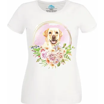 Dámské tričko Labradorský retrívr Pes květinářky (Velikost: 4XL, Barva: Bílá)