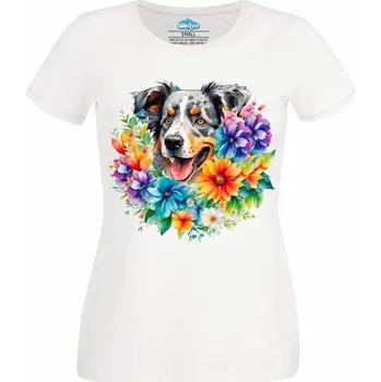Dámské tričko Květinový Australský ovčák (Velikost: 4XL, Barva: Bílá)