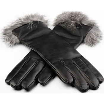 Rukavice Elegantní kožené rukavice pro dámy s králičí kožešinou Barva: Černá, Velikost: 6,5, Kožešina: Stříbrná