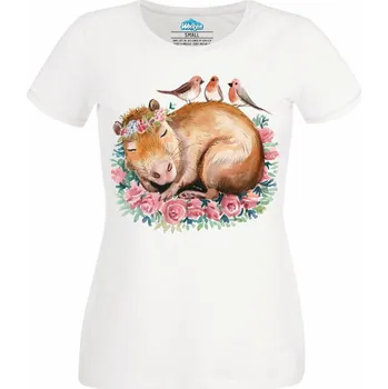 Dámské tričko Dámské tričko Spící Kapybara s Ptáčky (Velikost: 3XL, Barva: Bílá)