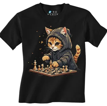 Chlapecké tričko Dětské tričko Oranžová Kočka a Šachy (Velikost: 5-6, Barva: Černá)