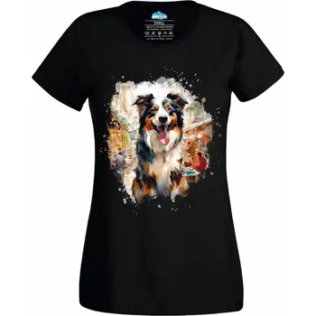 Dámské tričko Miniaturní australský ovčák na Dovolené (Velikost: 4XL, Barva: Černá)
