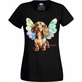 Dámské tričko Kouzelný Jezevčík s Křídly (Velikost: 4XL, Barva: Černá)