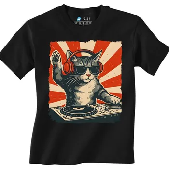 Chlapecké tričko Dětské tričko DJ Kočka u Mixážního Pultu (Velikost: 3-4, Barva: Černá)