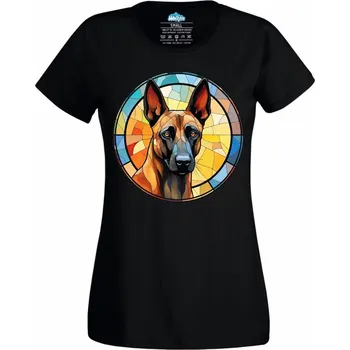 Dámské tričko Belgický ovčák Malinois ve Vitráži Stained Glass (Velikost: 4XL, Barva: Černá)