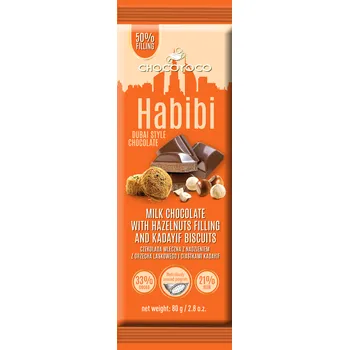 Čokoláda Selllot, s.r.o., K Hájům 34, 155 00 Praha 5 - Vyrobeno v EU Mléčná čokoláda s lískooříškovou náplní (40%) a sušenkami HABIBI DUBAI STYLE 80g