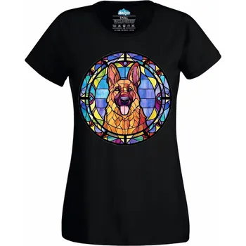 Dámské tričko Psí Vitráž Německý ovčák Stained Glass (Velikost: 4XL, Barva: Černá)