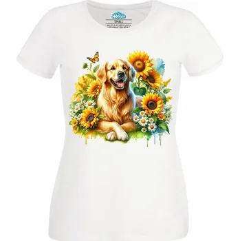 Dámské tričko Zlatý retrívr mezi Slunečnicemi (Velikost: 4XL, Barva: Bílá)