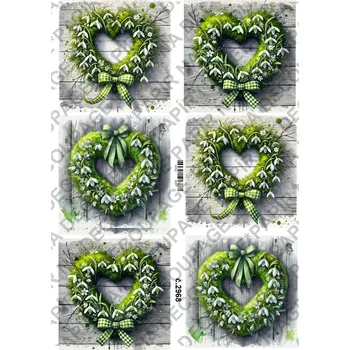 Umělecký papír Rýžový a soft papír na decoupage - Zelené srdce se sněženkami - KB2968 Materiál: Soft, Rozměr: A4