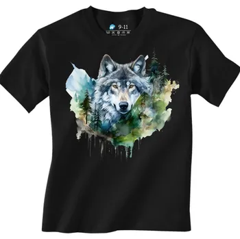 Chlapecké tričko Dětské tričko Duch Vlka šedého v lese (Velikost: 7-8, Barva: Černá)