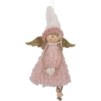 Vánoční ozdoba Růžová textilní vánoční ozdoba andělíček s korálky – 8x2x21 cm