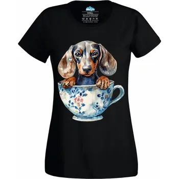 Dámské tričko Dámské tričko Jezevčík v Hrnku (Velikost: XS, Barva: Černá)