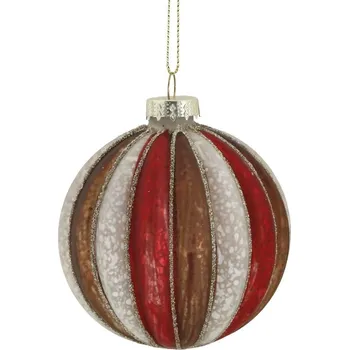 Vánoční dekorace Červená skleněná vánoční ozdoba koule s pruhy - Ø 8 cm