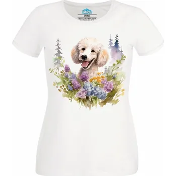 Dámské tričko Veselý Pudl v Přírodě (Velikost: 4XL, Barva: Bílá)