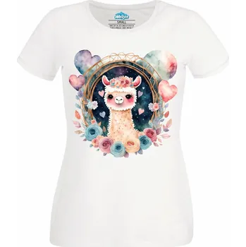 Dámské tričko Pohádková Lama mezi Květinami (Velikost: 4XL, Barva: Bílá)