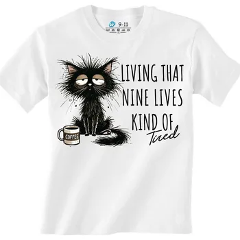 Chlapecké tričko Dětské tričko Vyčerpaná kočka Devět životů, žádná energie (Velikost: 3-4, Barva: Bílá)