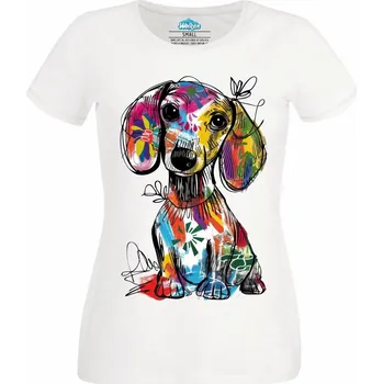 Dámské tričko Dámské tričko Barevná skica Jezevčík (Velikost: XL, Barva: Bílá)