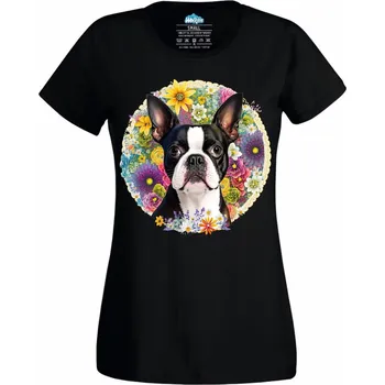 Dámské tričko Rozkvetlý Bostonský teriér (Velikost: 4XL, Barva: Černá)