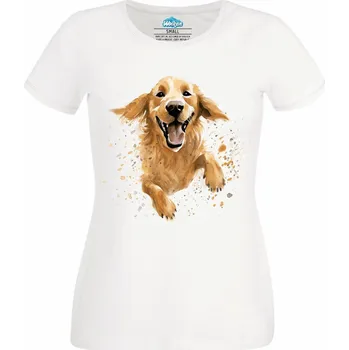 Dámské tričko Šťastný Zlatý retrívr v Běhu (Velikost: 4XL, Barva: Bílá)