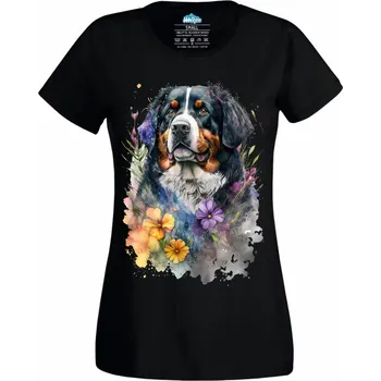 Dámské tričko Bernský salašnický pes mezi Květinami (Velikost: 4XL, Barva: Černá)