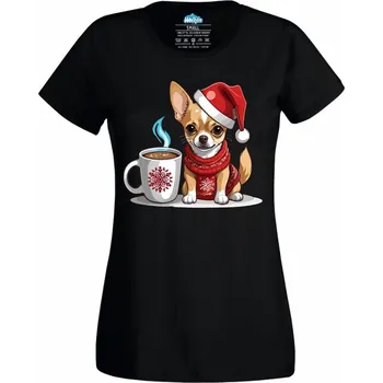 Dámské tričko Dámské tričko Vánoční Čivava s Horkou Čokoládou (Velikost: XL, Barva: Černá)