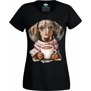 Dámské tričko Podzimní Jezevčík s Kávou (Velikost: 4XL, Barva: Černá)