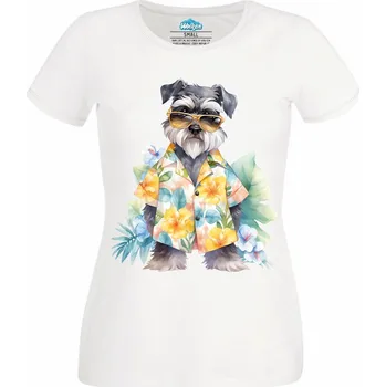 Dámské tričko Dámské tričko Letní Knírač malý v Havajské Košili (Velikost: M, Barva: Bílá)